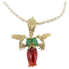 Collar de Oro Amarillo 18k Ópalo de Fuego Tulipán Esmeralda Hojas Colibríes V Gracia