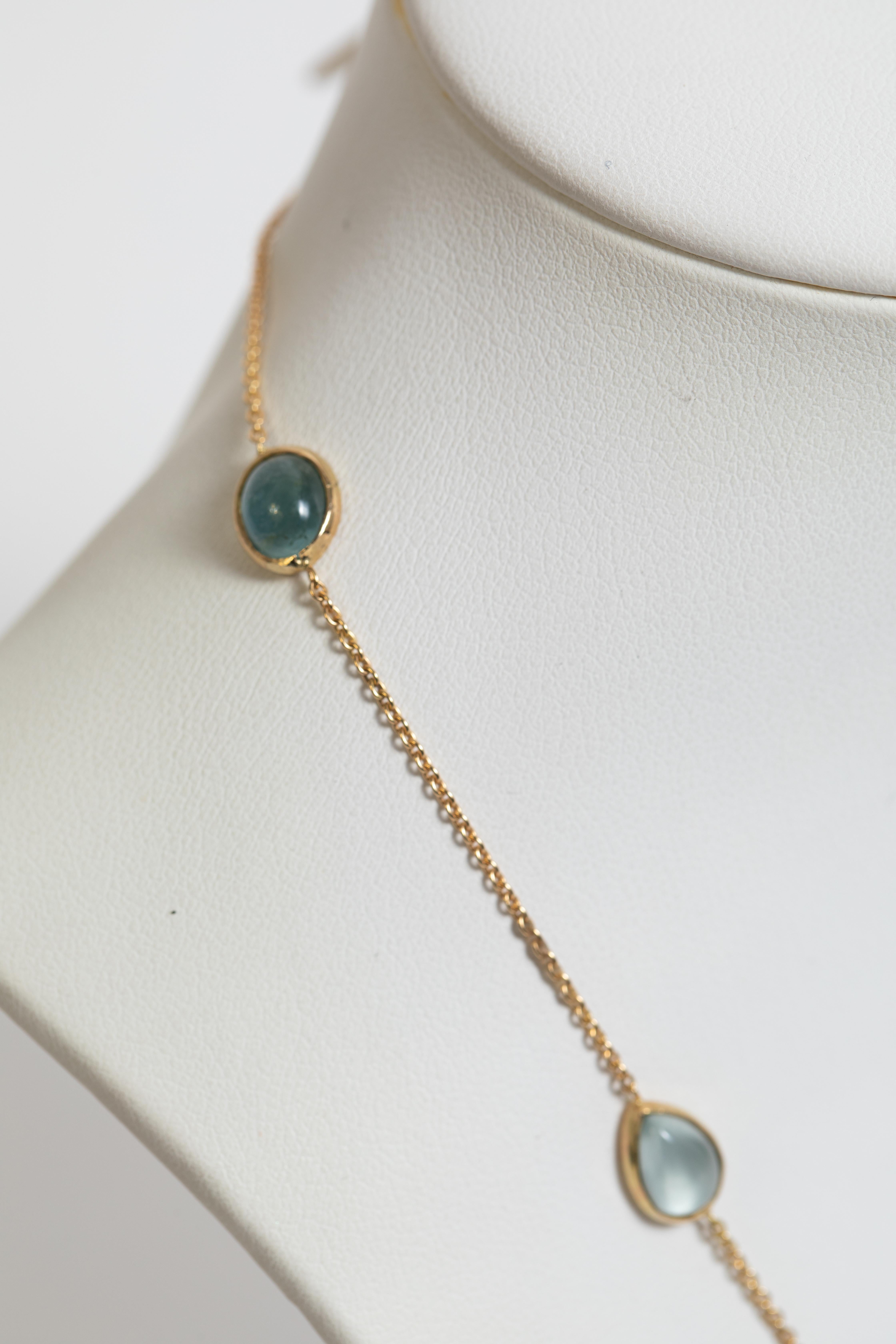 Contemporary 18k Yellow Gold Necklace Set with Aquamarine Cabochons by Marion Jeantet For Sale