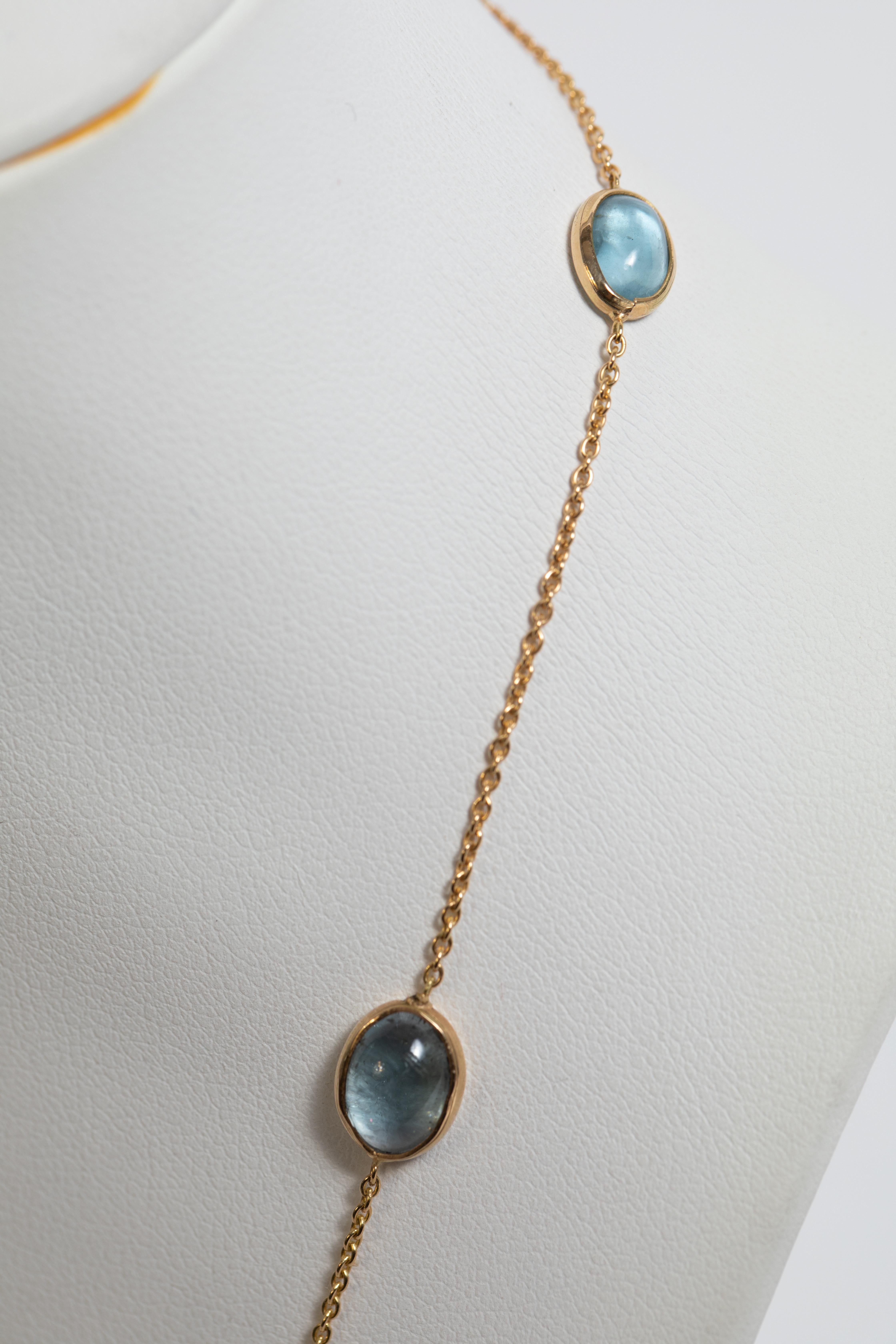 Women's 18k Yellow Gold Necklace Set with Aquamarine Cabochons by Marion Jeantet For Sale