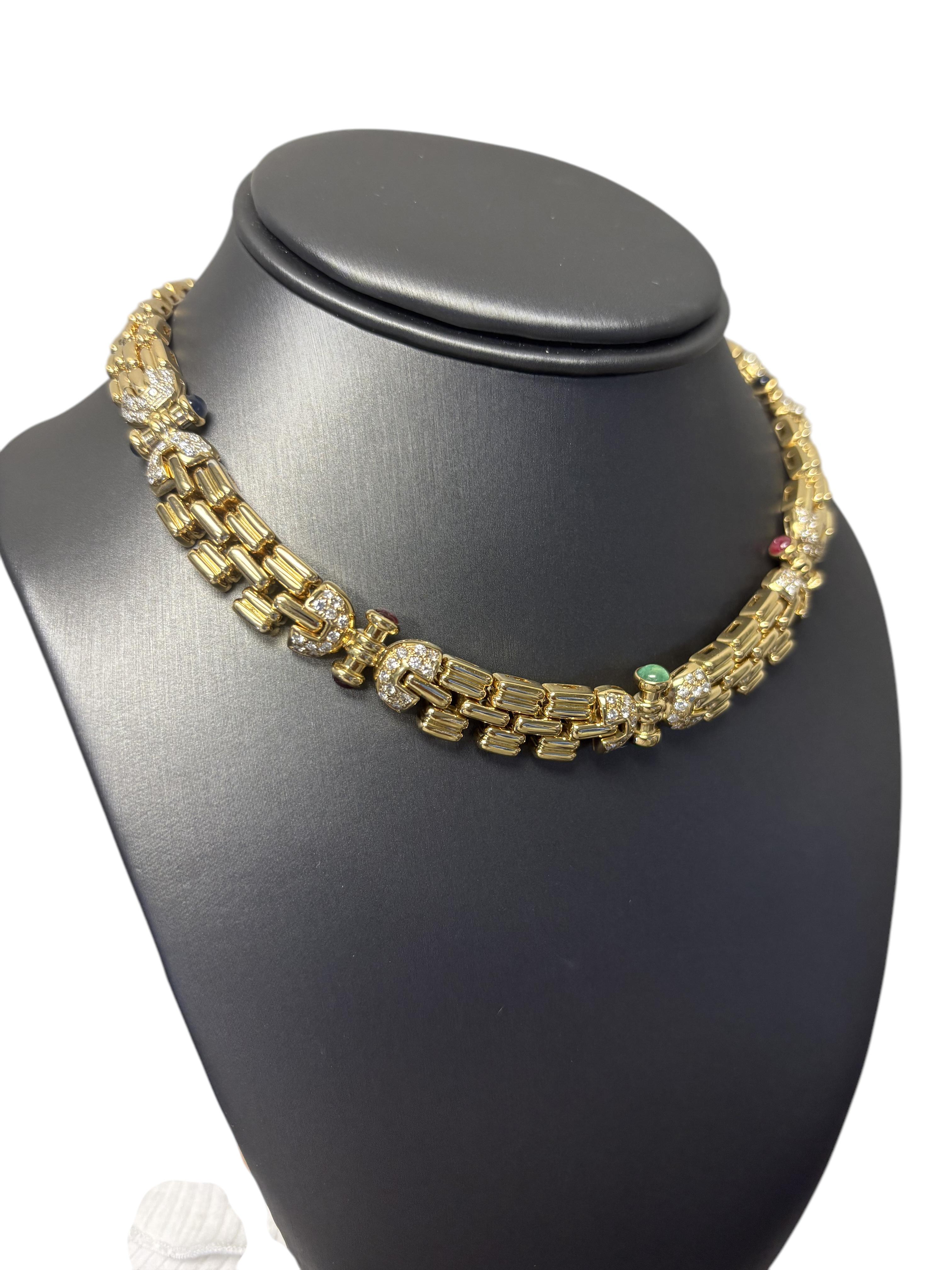 18 Karat Gelbgold Halskette mit Cabochon-Rubin-Saphir- und Smaragden und Diamanten im Angebot 5