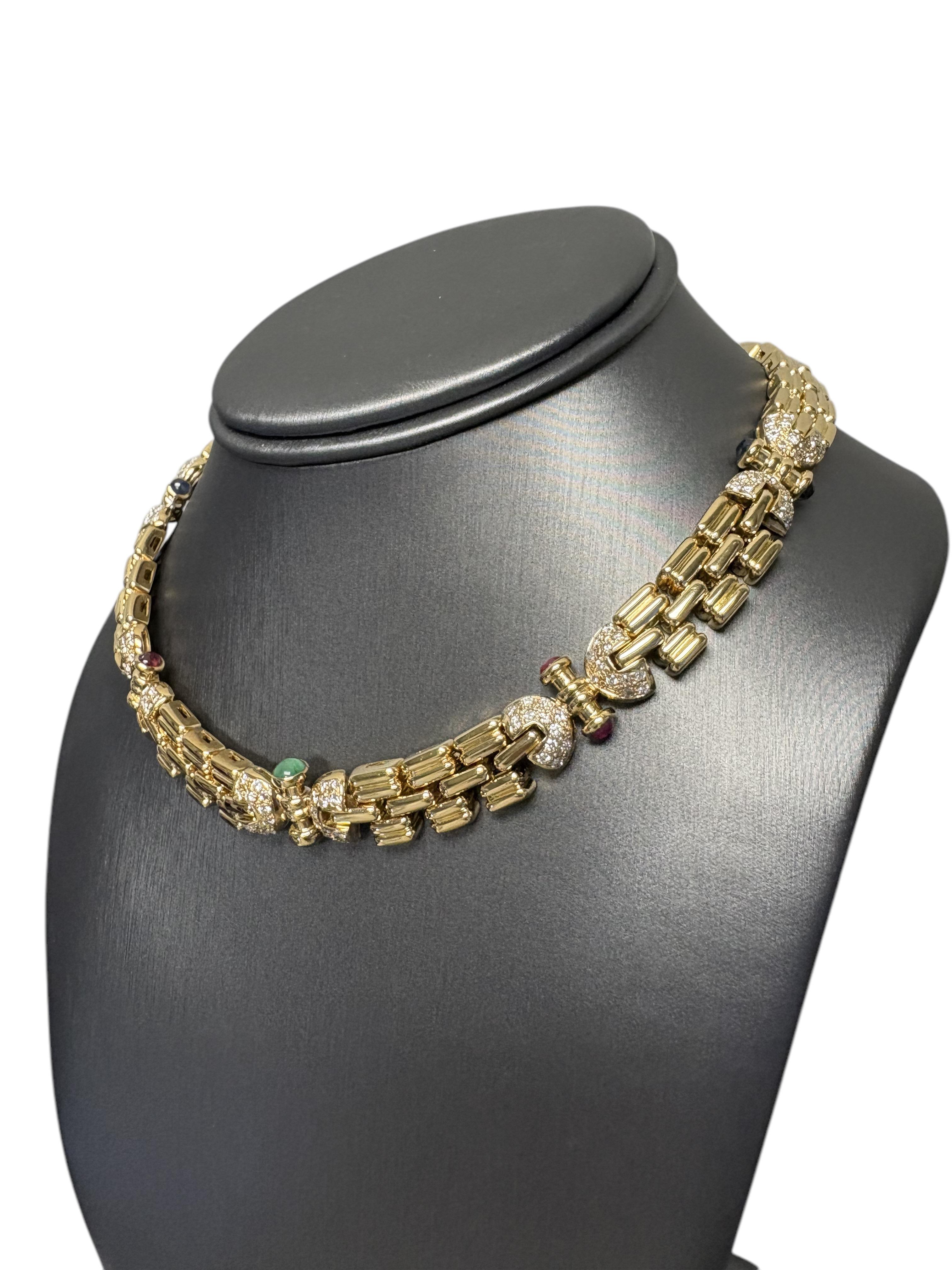 18 Karat Gelbgold Halskette mit Cabochon-Rubin-Saphir- und Smaragden und Diamanten im Angebot 6