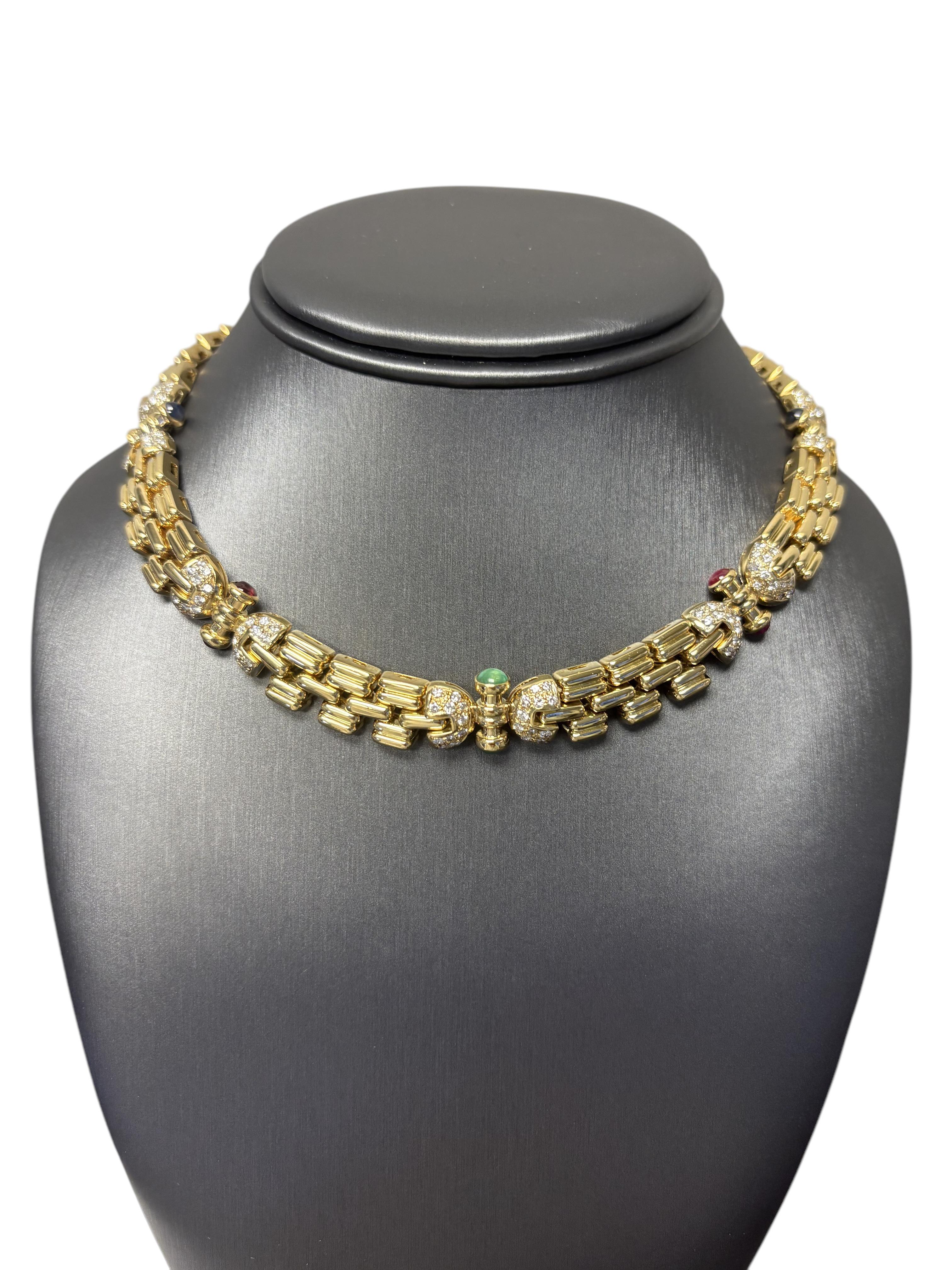 18 Karat Gelbgold Halskette mit Cabochon-Rubin-Saphir- und Smaragden und Diamanten im Angebot 4