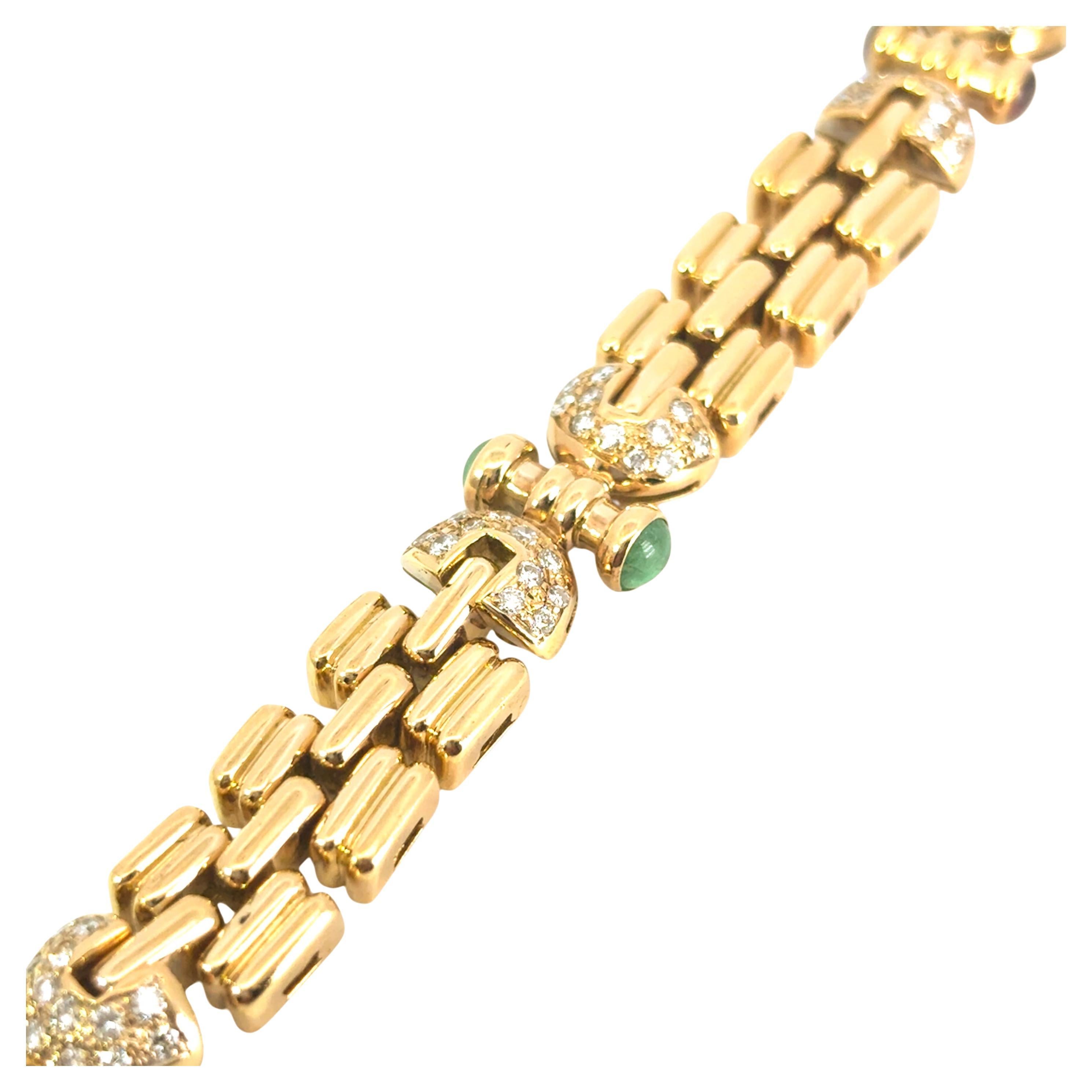 18k Yellow Gold Necklace with Cabochon Ruby Sapphire & Emeralds and Diamonds