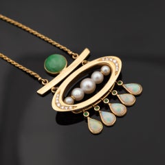 18K Gelbgold Halskette mit Jade, Opalen, Smaragden und Diamanten