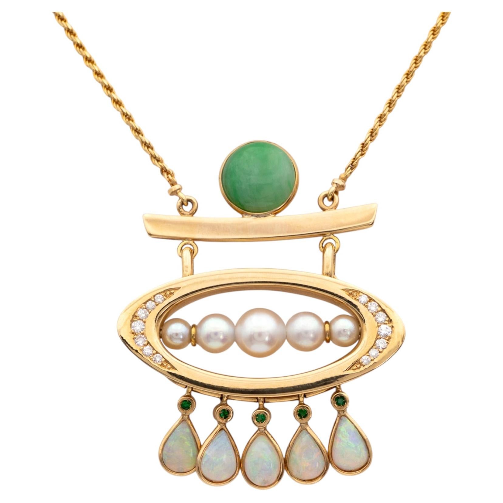 18K Yellow Gold Necklace with Jade, Opals, Emeralds and Diamonds For Sale