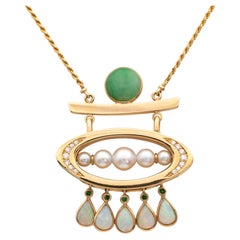 18K Gelbgold Halskette mit Jade, Opalen, Smaragden und Diamanten
