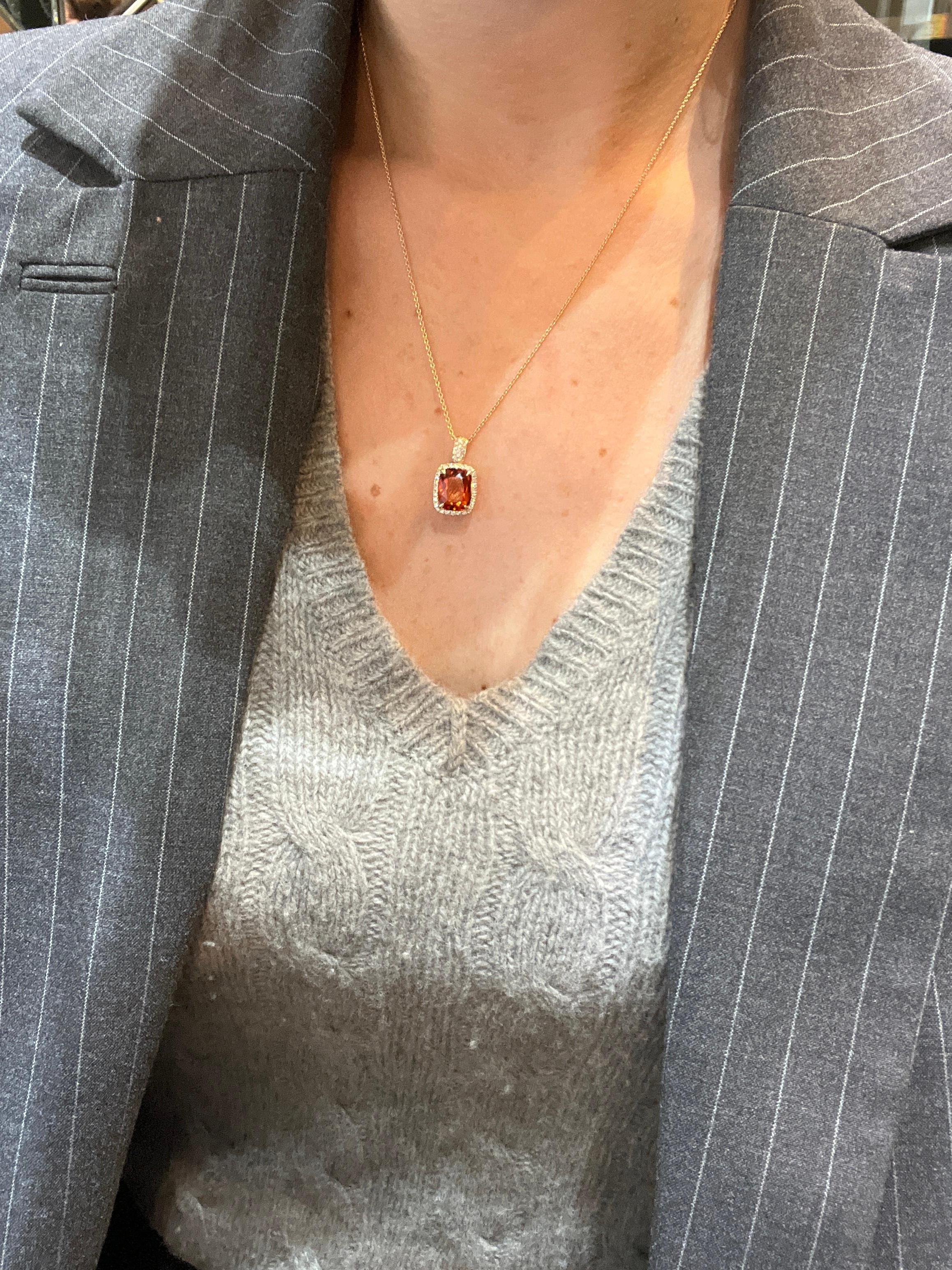 Cushion Cut 18K Yellow Gold Necklace with Mandarin Citrine and Diamond For Sale