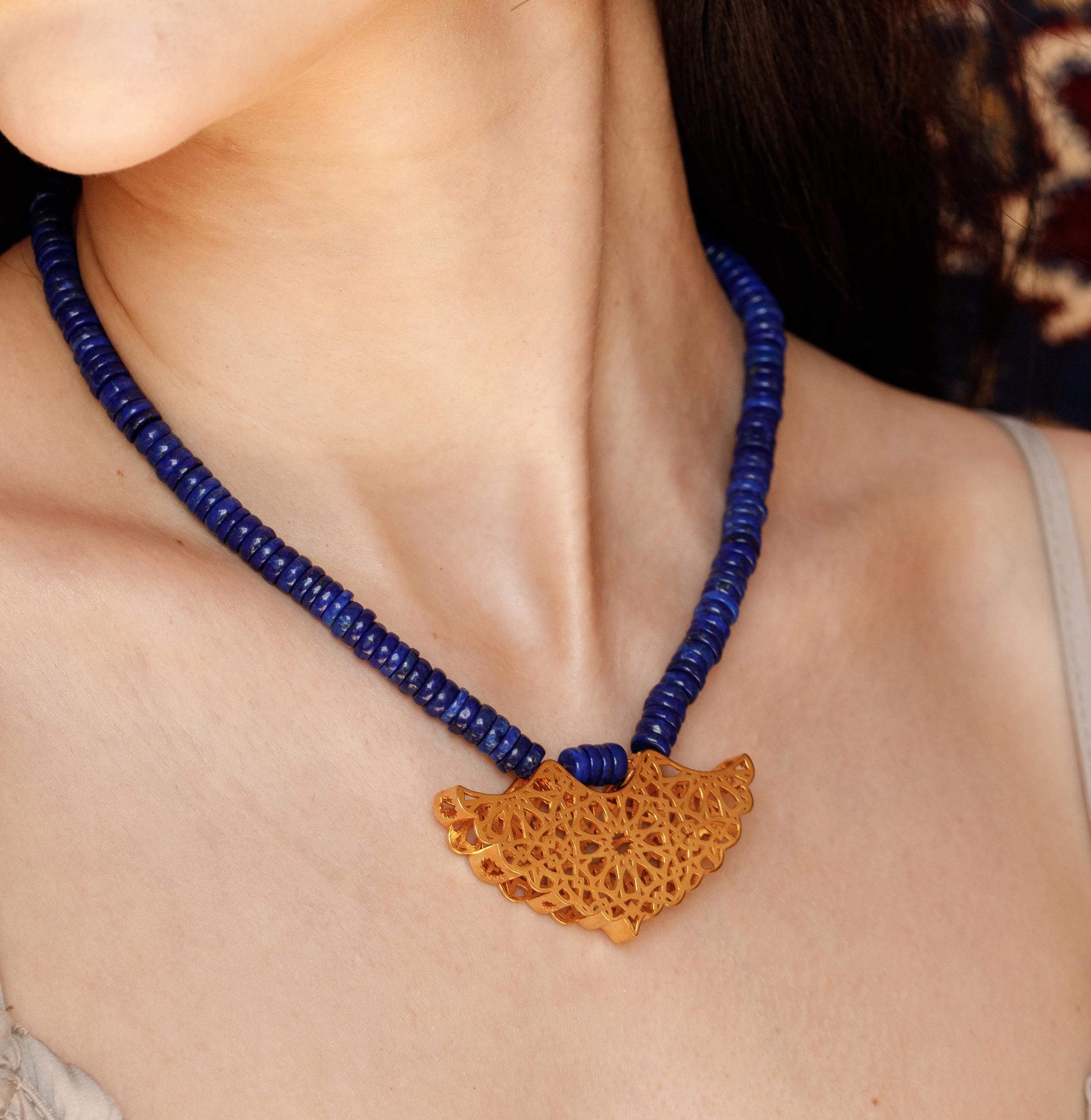 Bead Moshabak Necklace in 18K Yellow Gold And Natural Lapis Lazuli For Sale