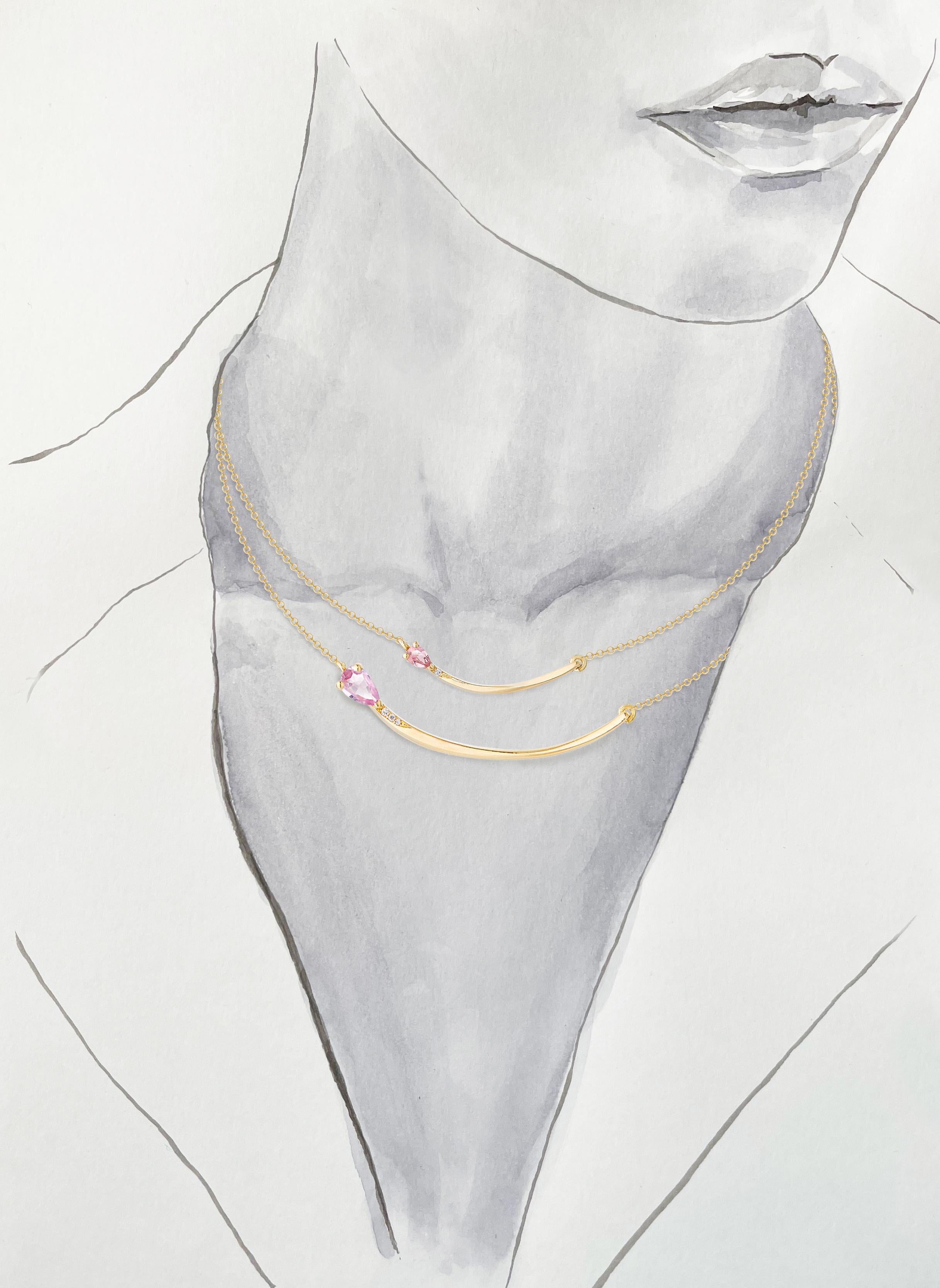 Taille brillant Collier en or jaune 18K avec saphirs roses et diamants - Minimaliste en vente