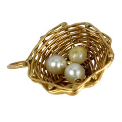 18 Karat Yellow Gold Nest with Pearl Eggs Charm Pendant