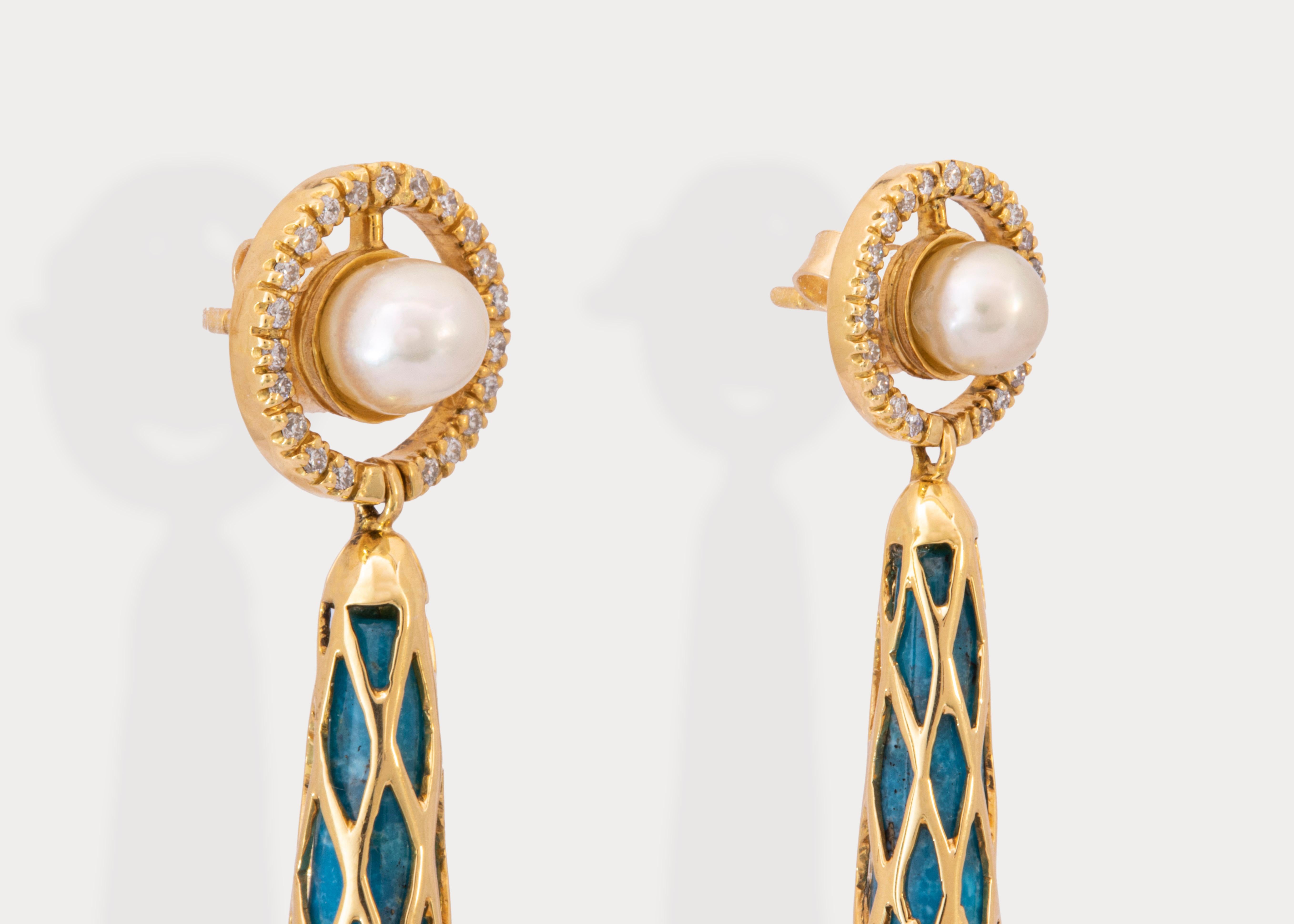 Round Cut 18k Yellow Gold Nishapuri Turquoise Earrings Topped with Certified Natural Pearl For Sale