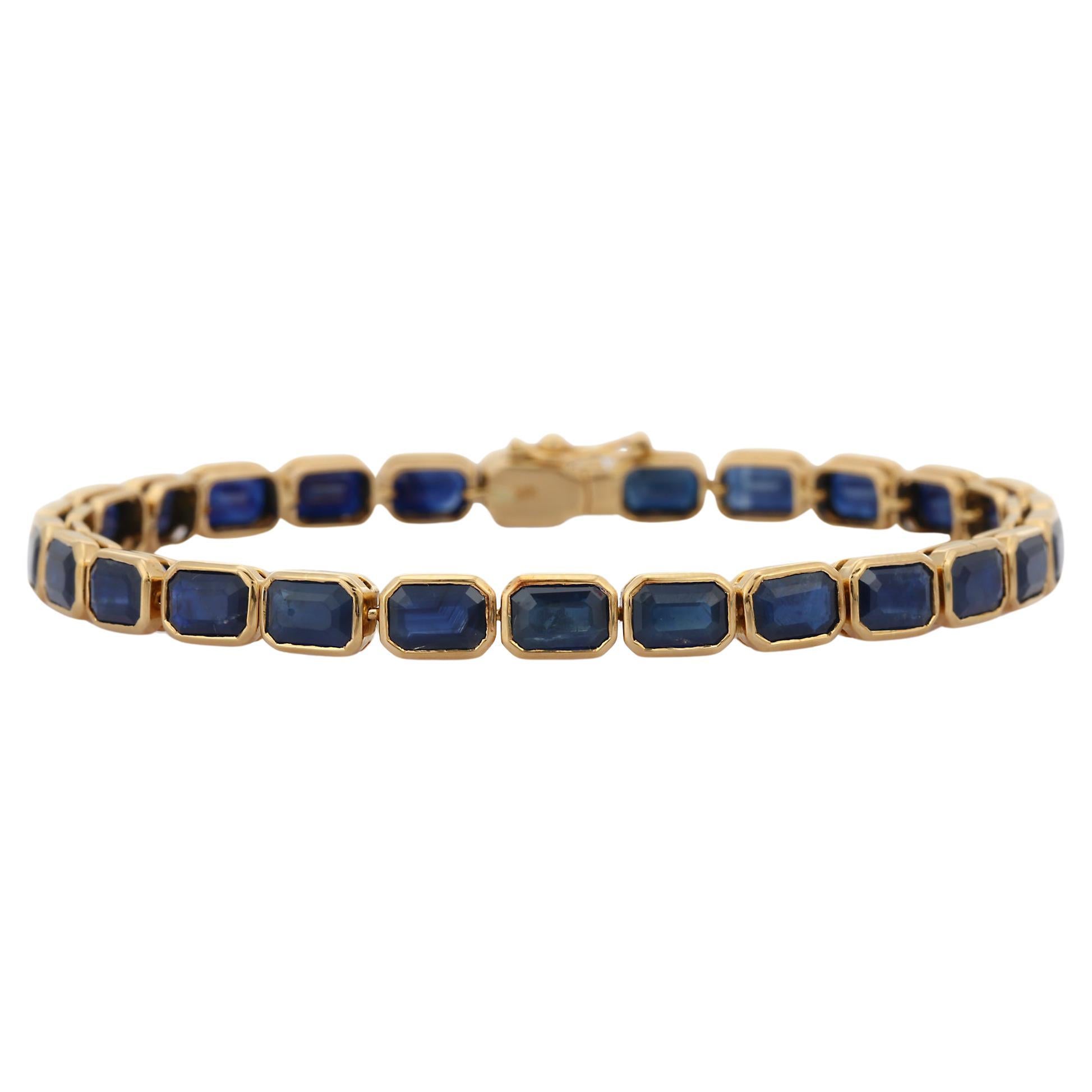 18K Yellow Gold Octagon Cut Blue Sapphire Bracelet For Sale