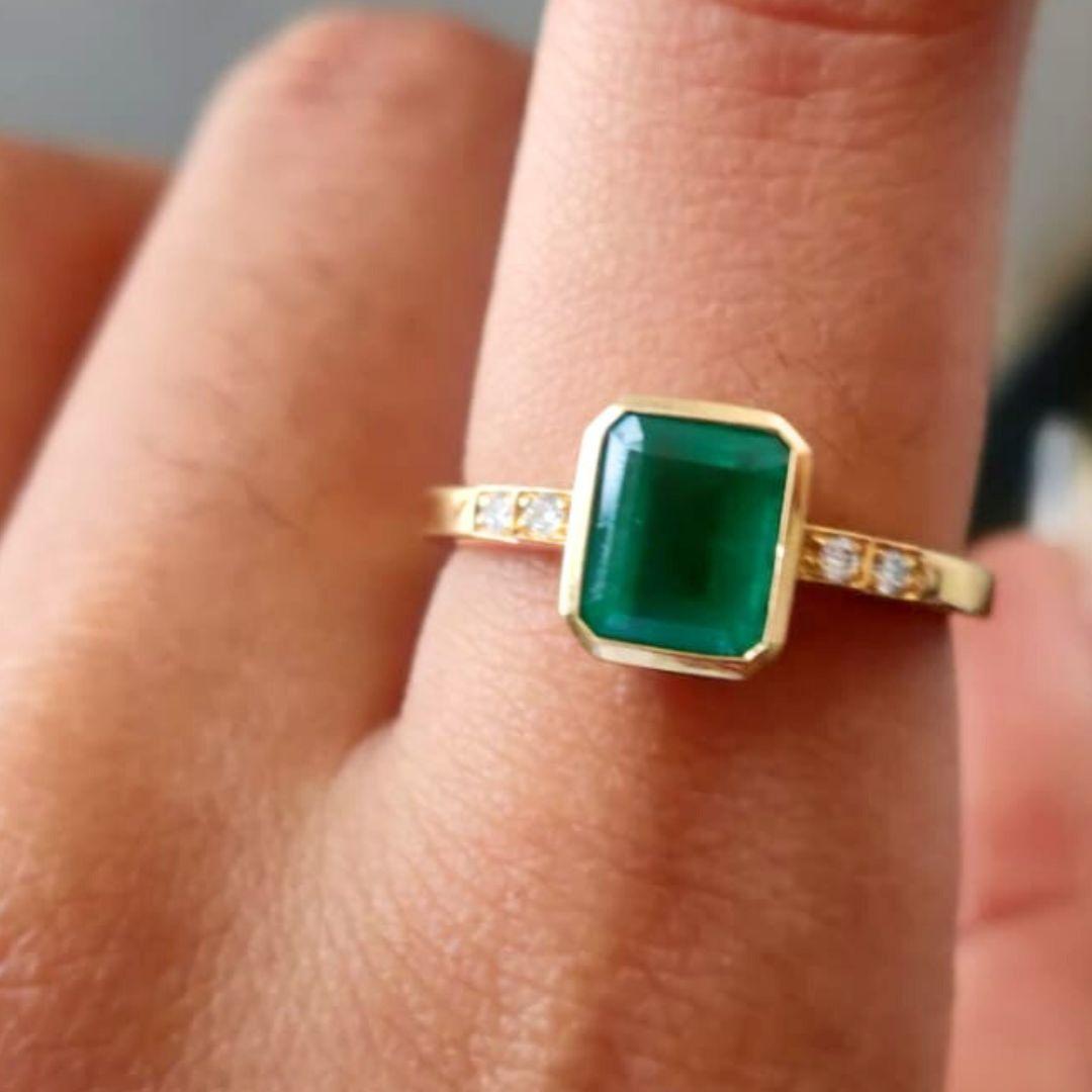 For Sale:  18K Yellow Gold Octagon Cut Emerald and Diamond Stackable Ring, Gift for Her 3