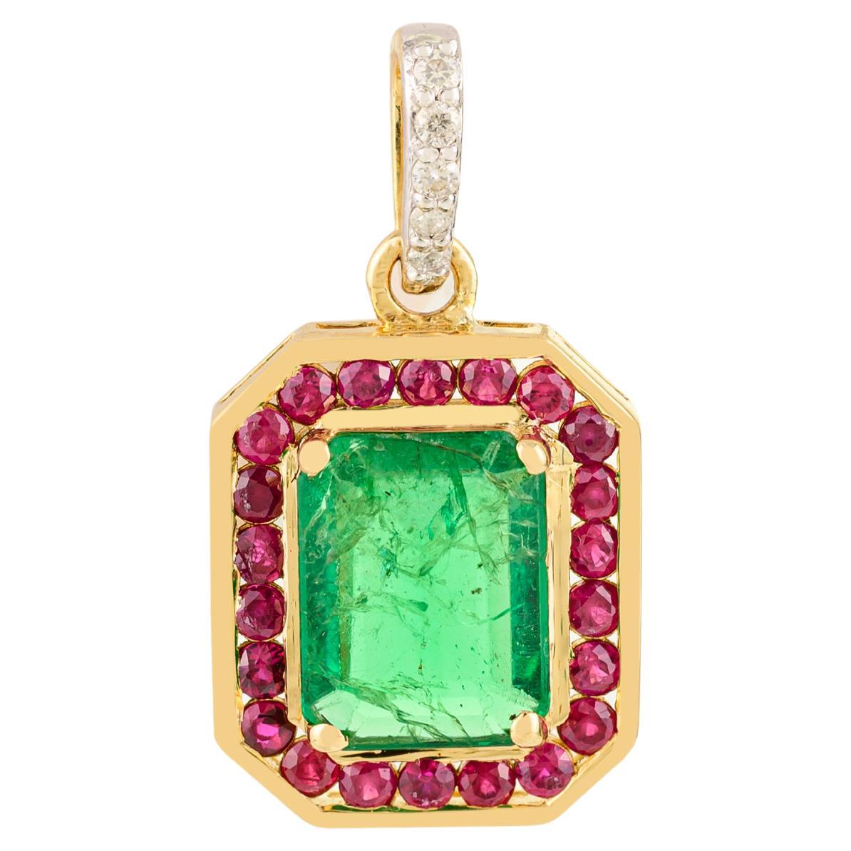 18K Yellow Gold Octagon-Cut Natural Emerald Pendant with Ruby Halo and Diamond