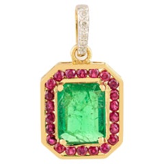 18K Yellow Gold Octagon-Cut Natural Emerald Pendant with Ruby Halo and Diamond