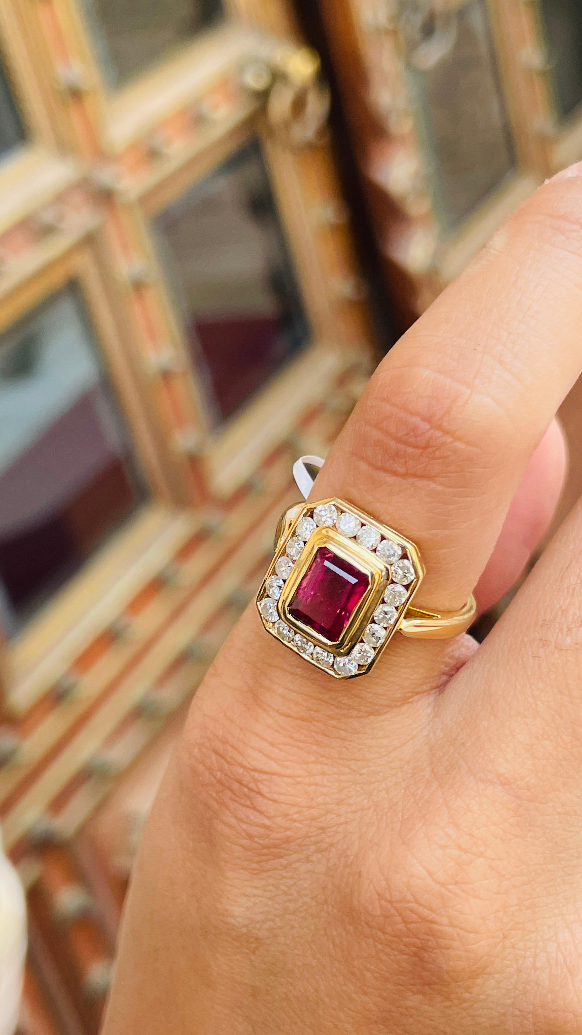 For Sale:  18K Yellow Gold Octagon Cut Ruby Diamond Engagement Ring 11