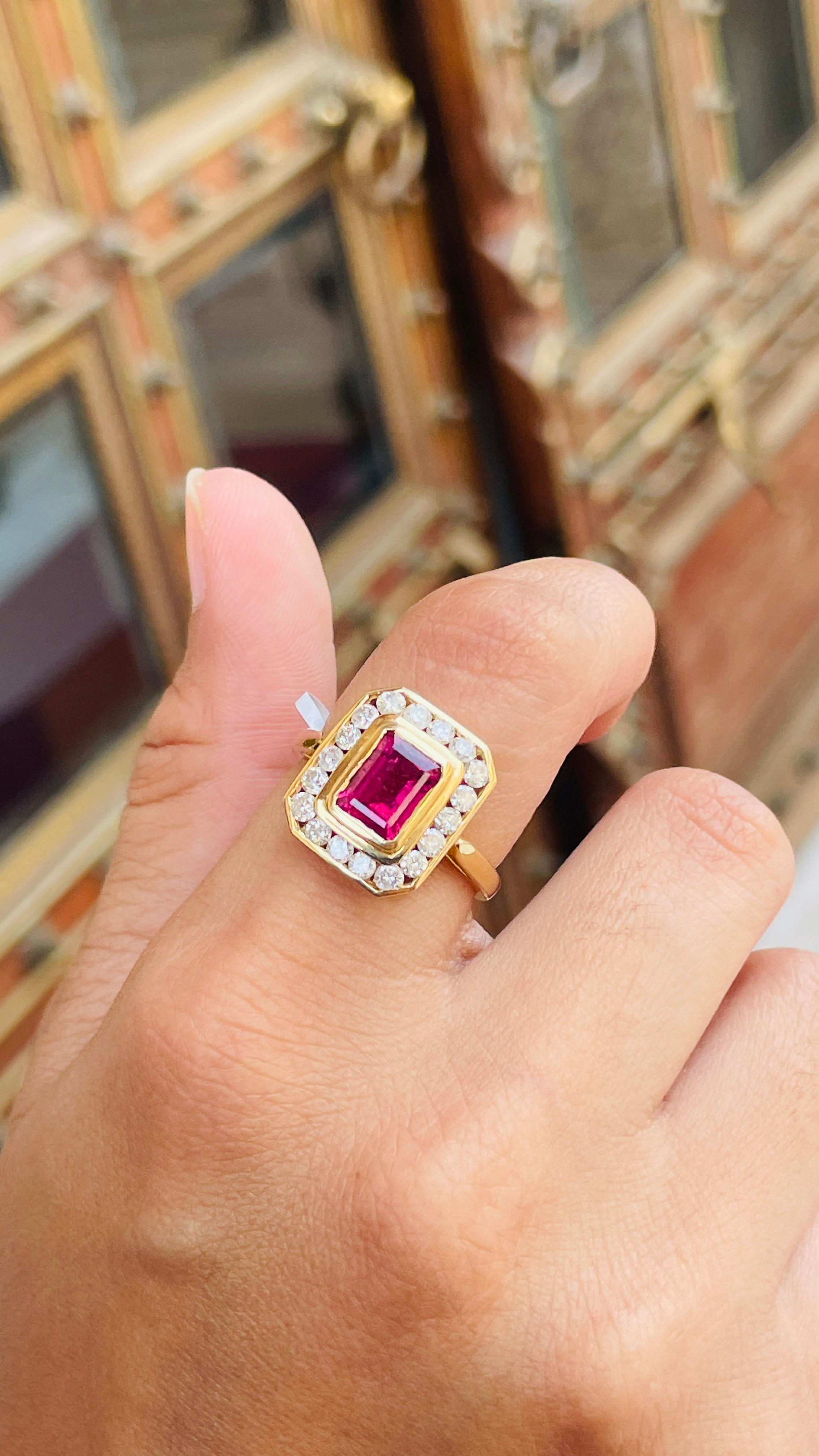 For Sale:  18K Yellow Gold Octagon Cut Ruby Diamond Engagement Ring 7