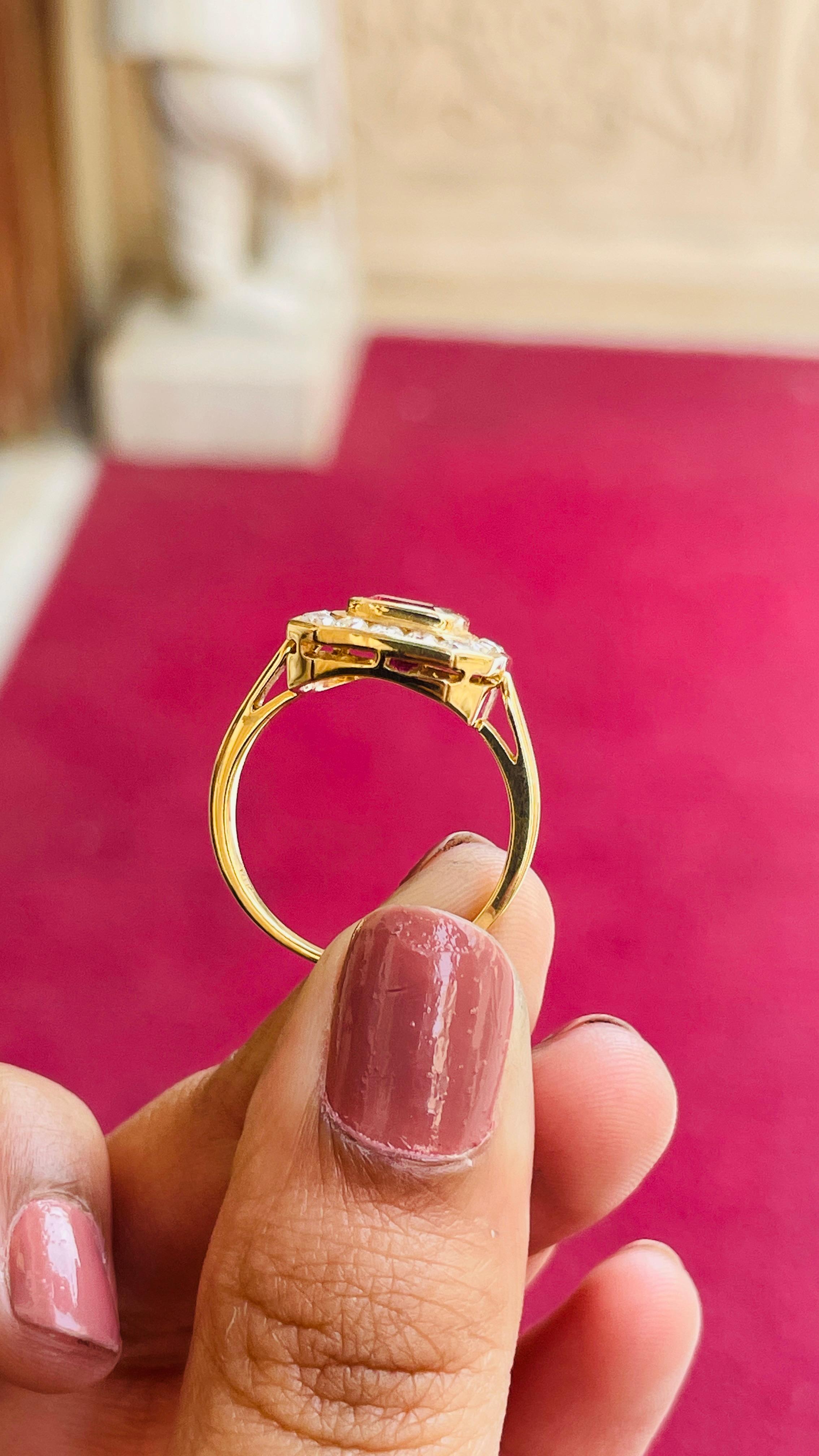 En vente :  Bague de fiançailles en or jaune 18 carats, rubis et diamants, taille octogonale 5