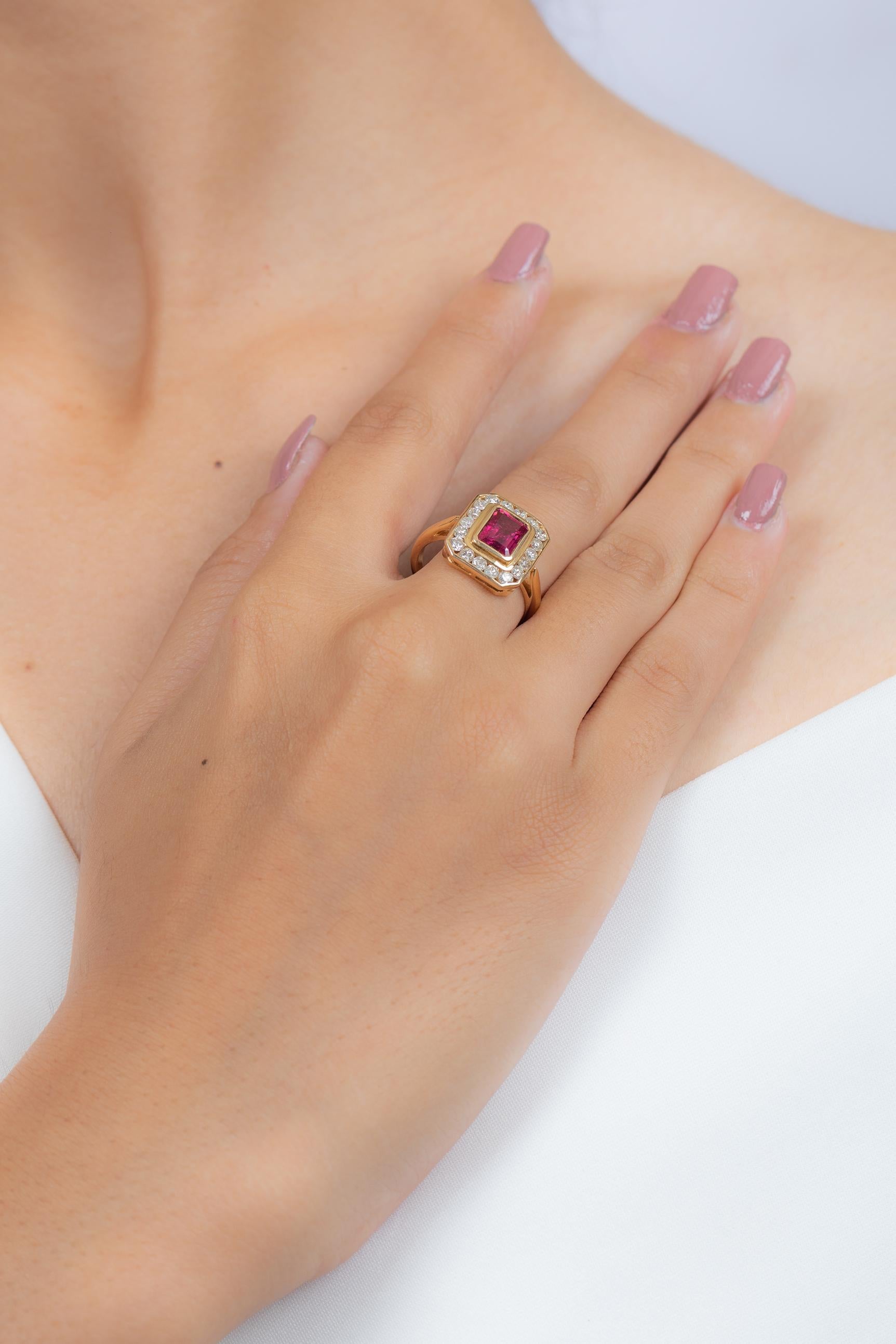 For Sale:  18K Yellow Gold Octagon Cut Ruby Diamond Engagement Ring 6
