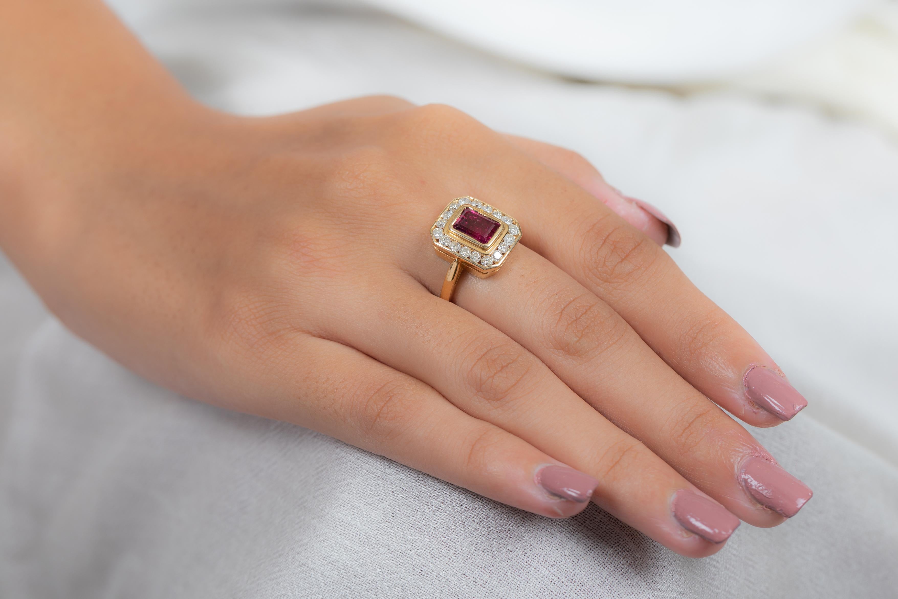 For Sale:  18K Yellow Gold Octagon Cut Ruby Diamond Engagement Ring 10