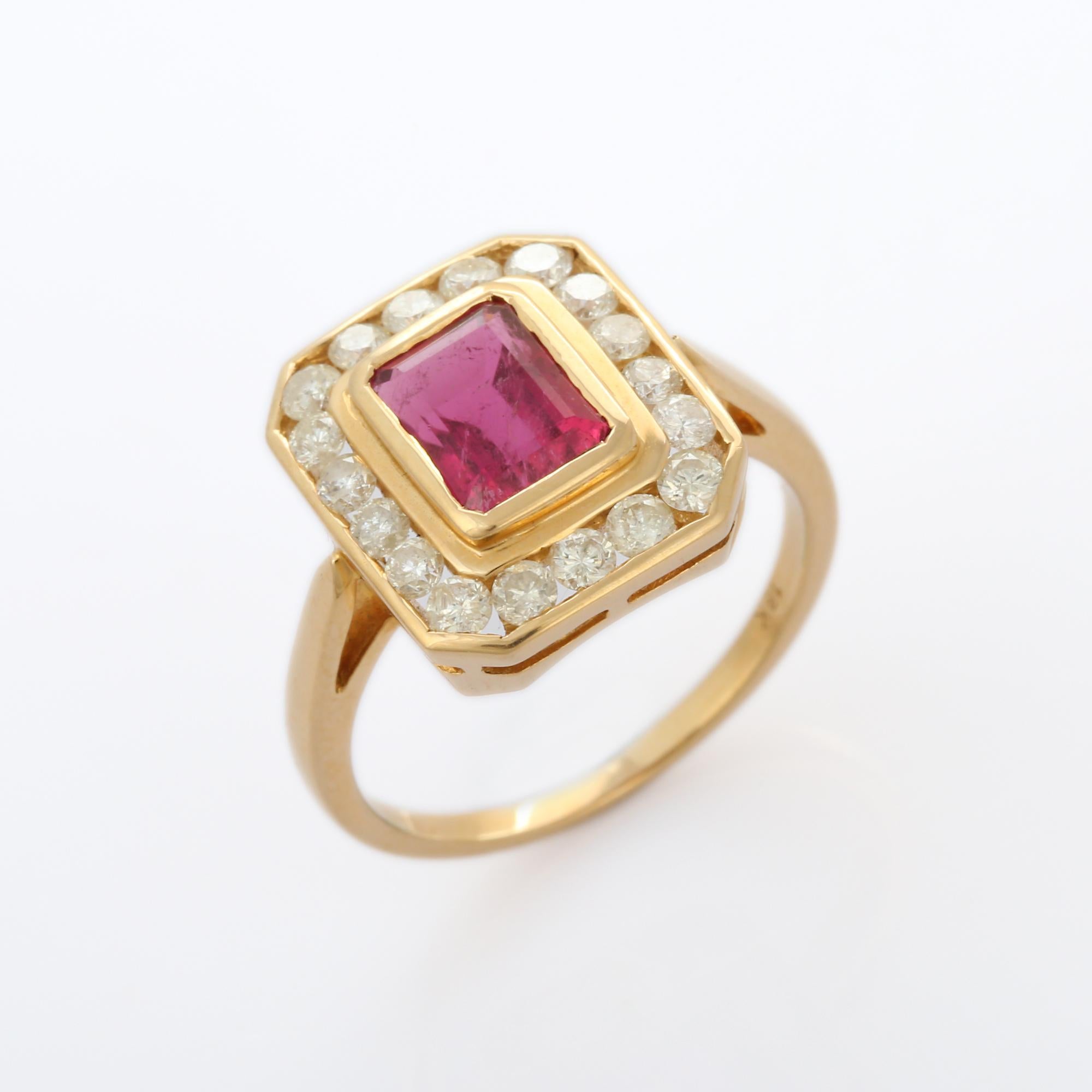 En vente :  Bague de fiançailles en or jaune 18 carats, rubis et diamants, taille octogonale 12