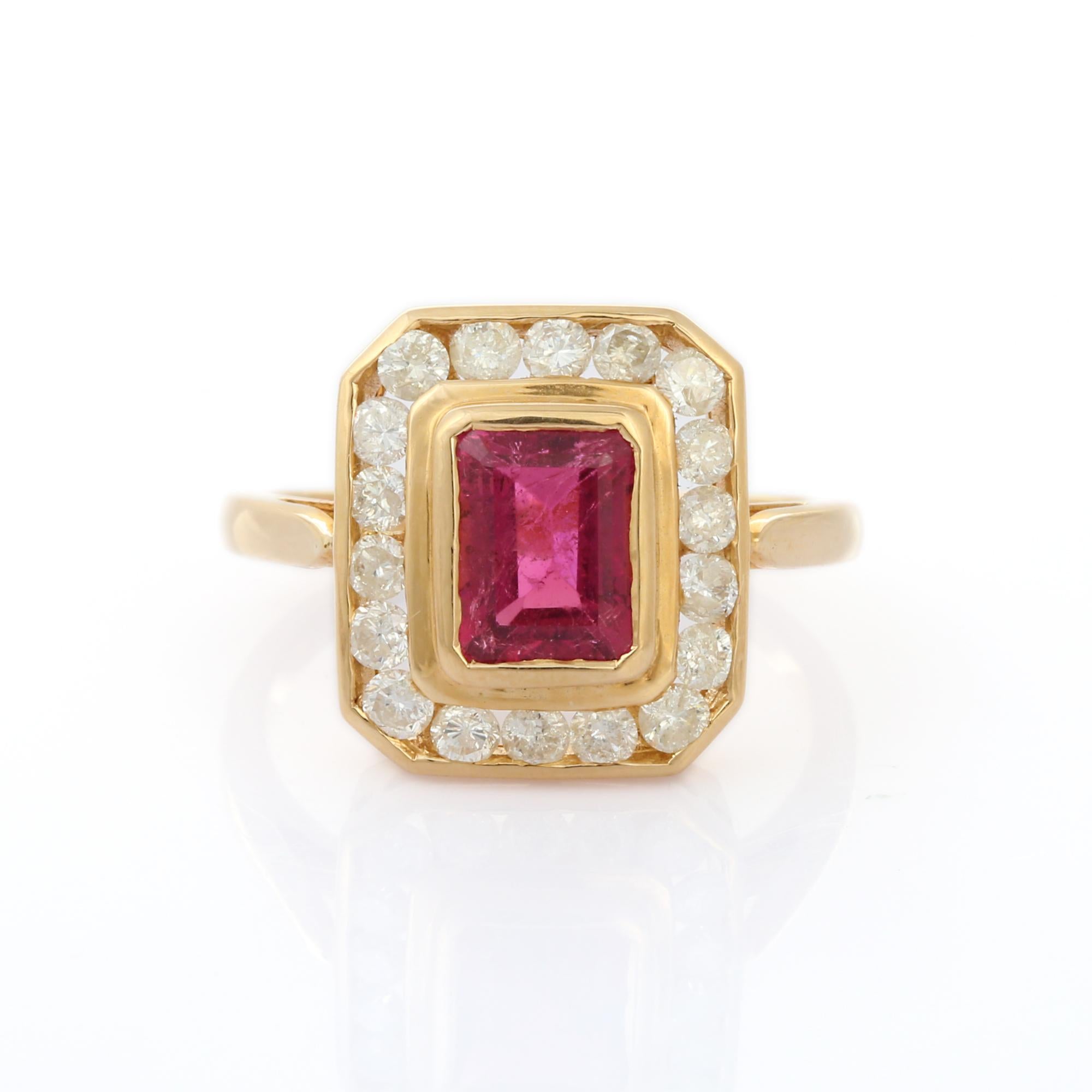 En vente :  Bague de fiançailles en or jaune 18 carats, rubis et diamants, taille octogonale 15