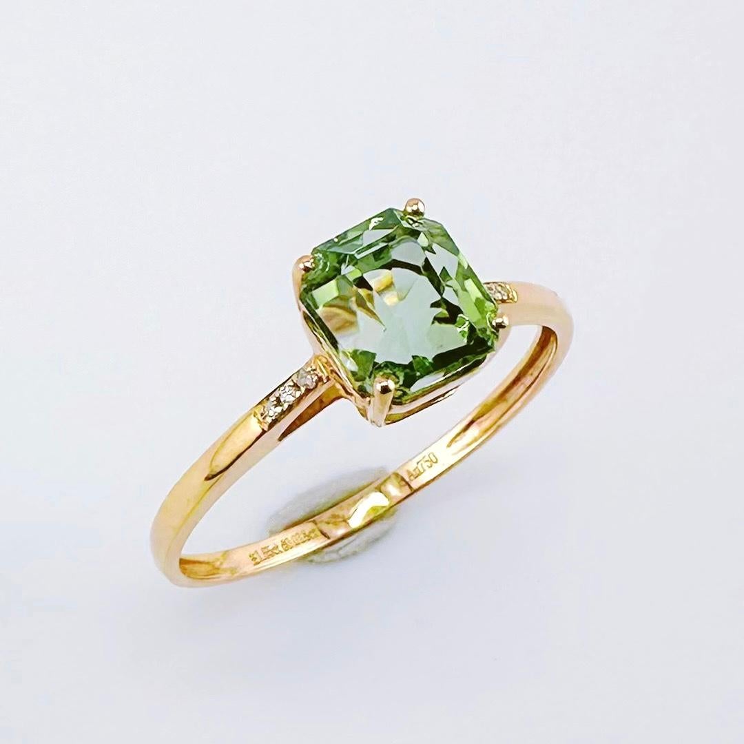 Octagon Cut 18K Yellow Gold Octagon Green Tourmaline Ring with Diamonds For Sale