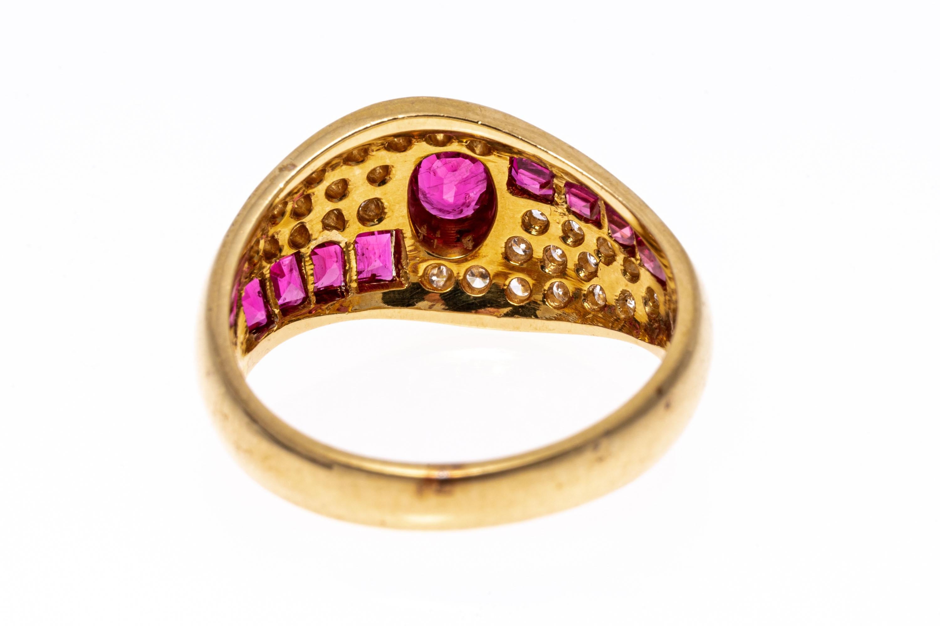 18k Yellow Gold Offset Pave Diamond and Square Ruby Dome Ring In Good Condition For Sale In Southport, CT