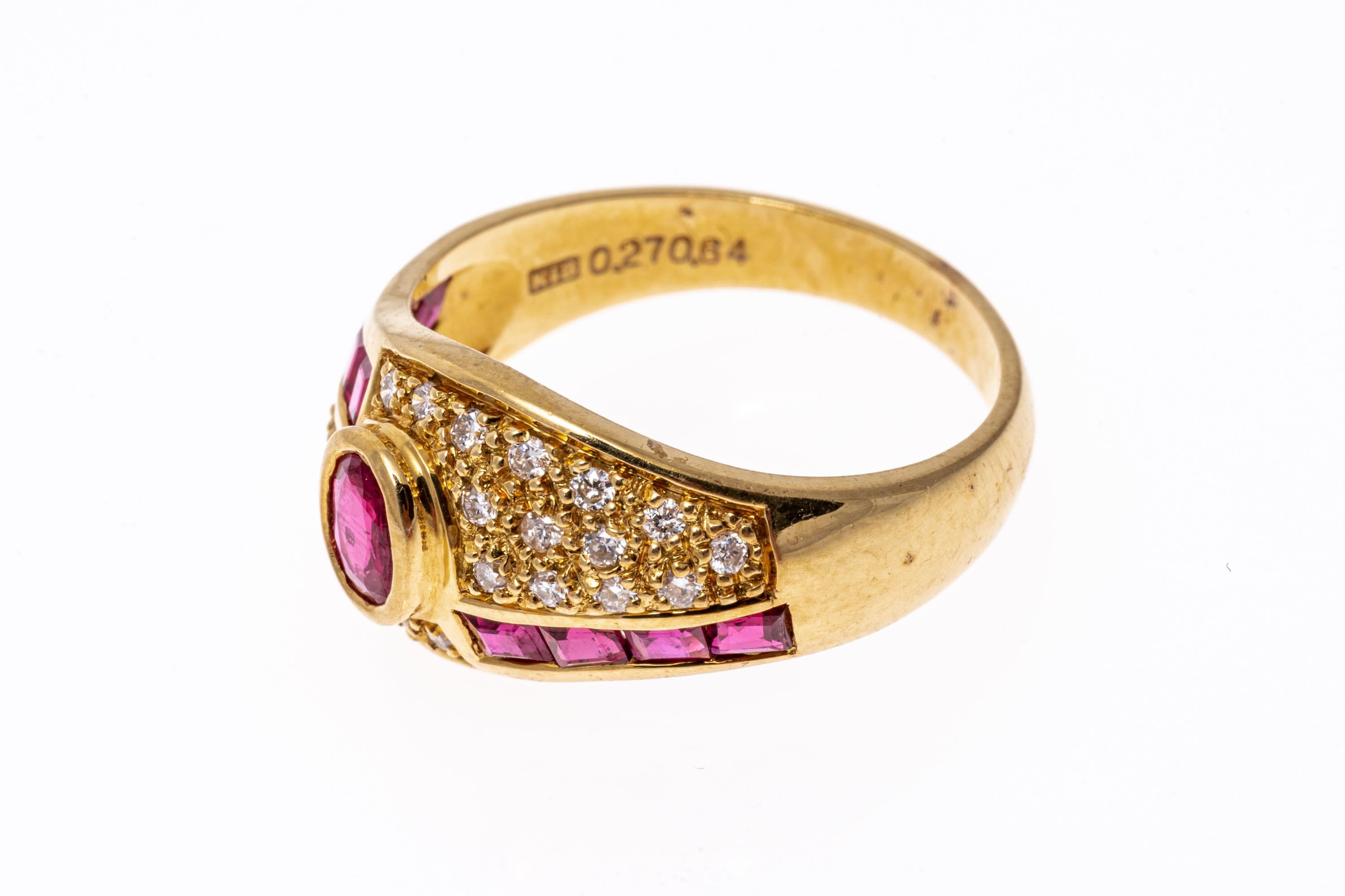Women's 18k Yellow Gold Offset Pave Diamond and Square Ruby Dome Ring For Sale