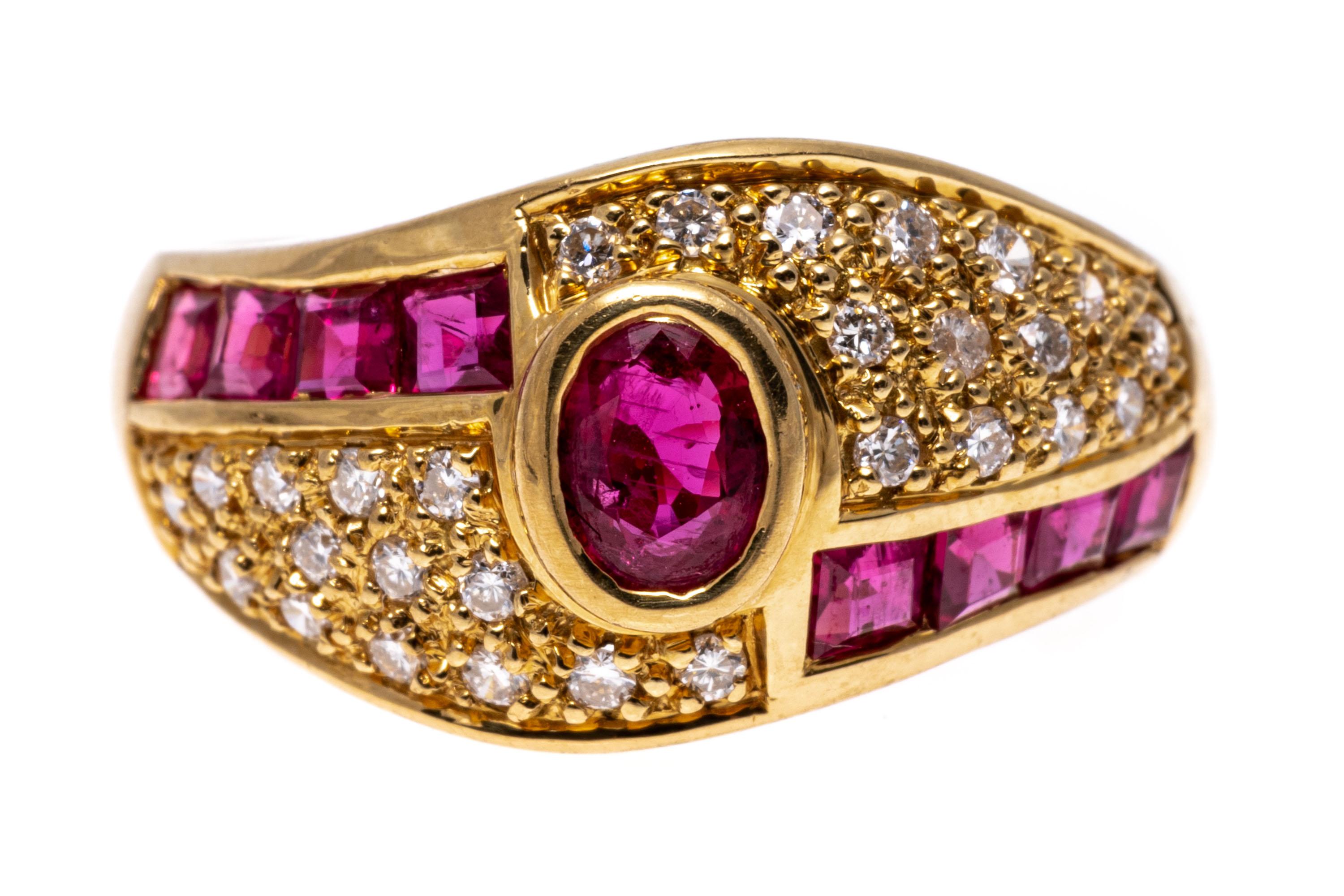 18k Yellow Gold Offset Pave Diamond and Square Ruby Dome Ring For Sale 1