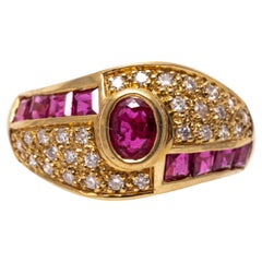 Retro 18k Yellow Gold Offset Pave Diamond and Square Ruby Dome Ring