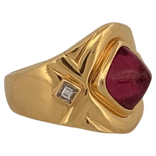 18K Gelbgold Omar Torres Cabochon Pink Turmalin & Diamant Ring für Damen oder Herren im Angebot
