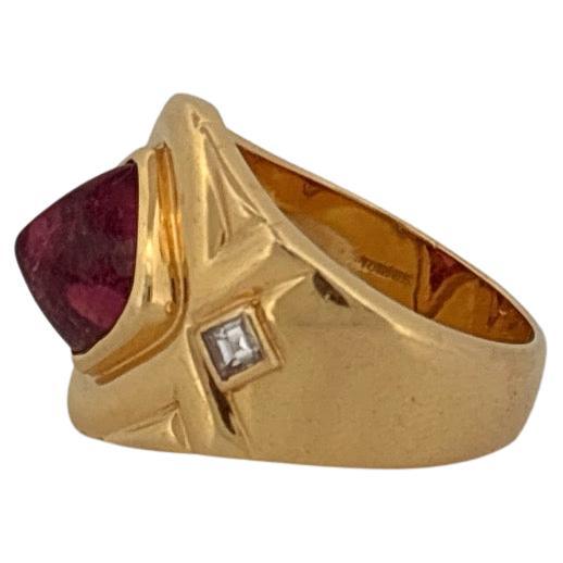 18K Gelbgold Omar Torres Cabochon Pink Turmalin & Diamant Ring im Angebot 2