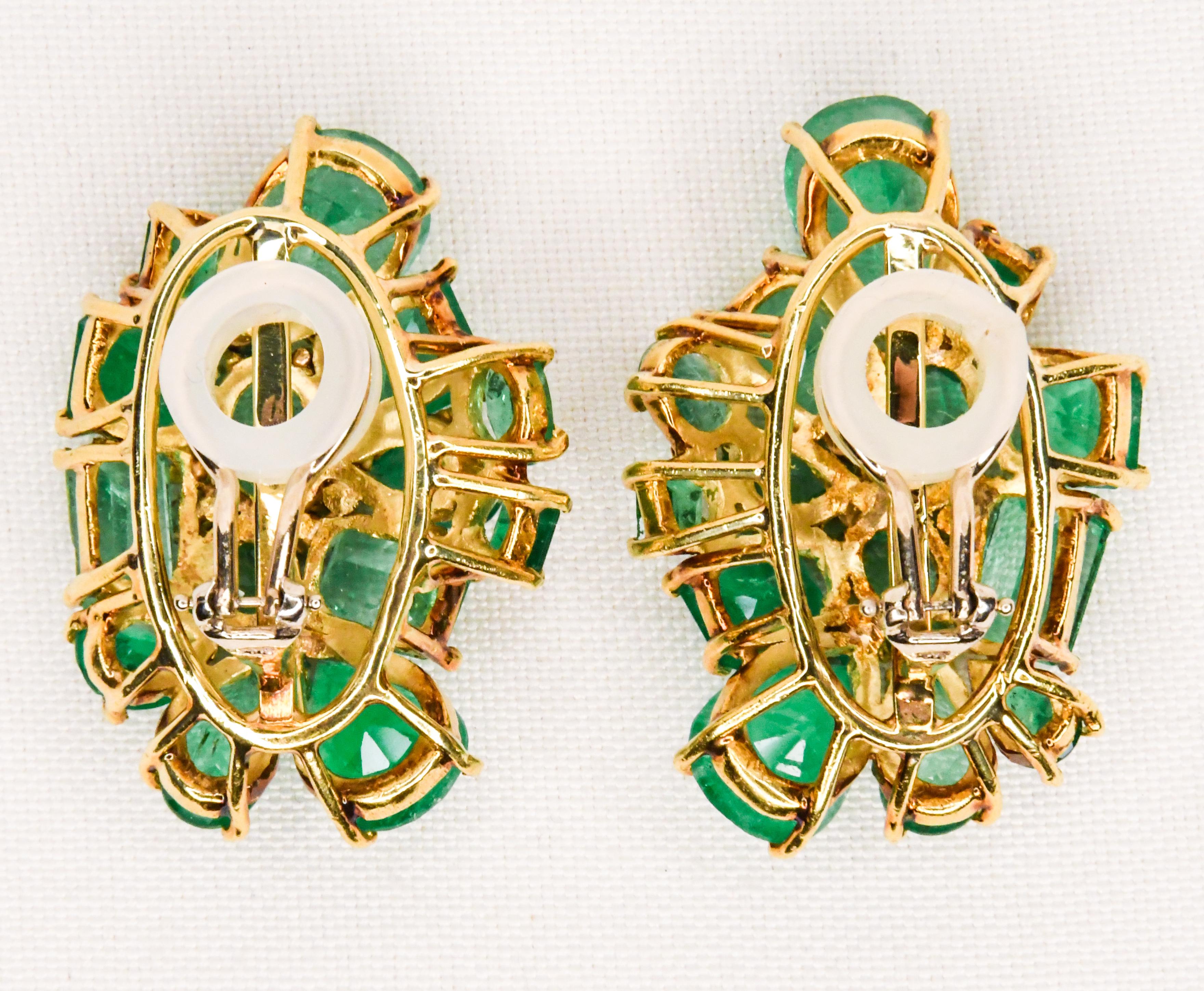 Artisan 18k Yellow Gold One of a Kind Multi Shape Emeralds and Diamond Clip on Earrings For Sale