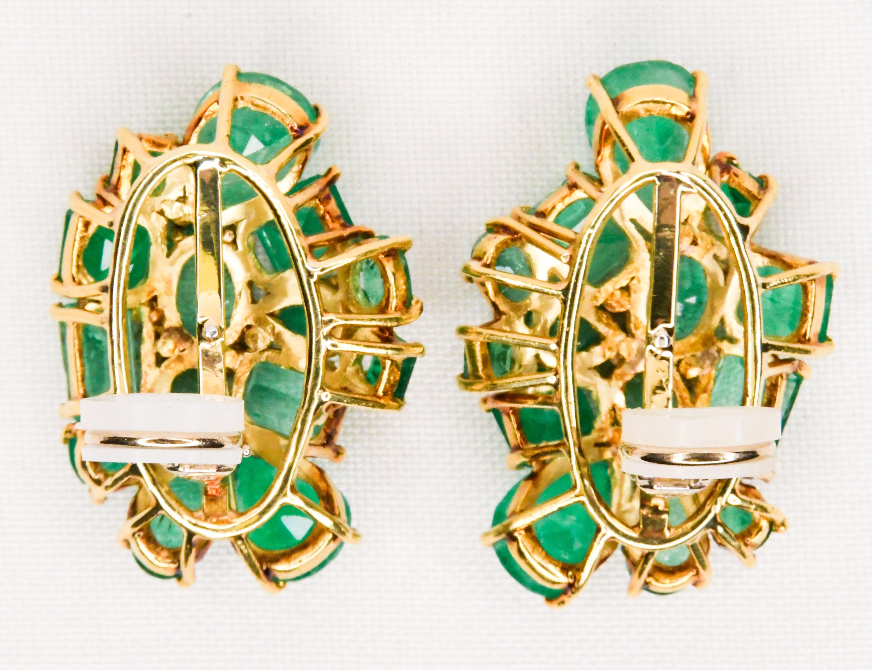 Emerald Cut 18k Yellow Gold One of a Kind Multi Shape Emeralds and Diamond Clip on Earrings For Sale