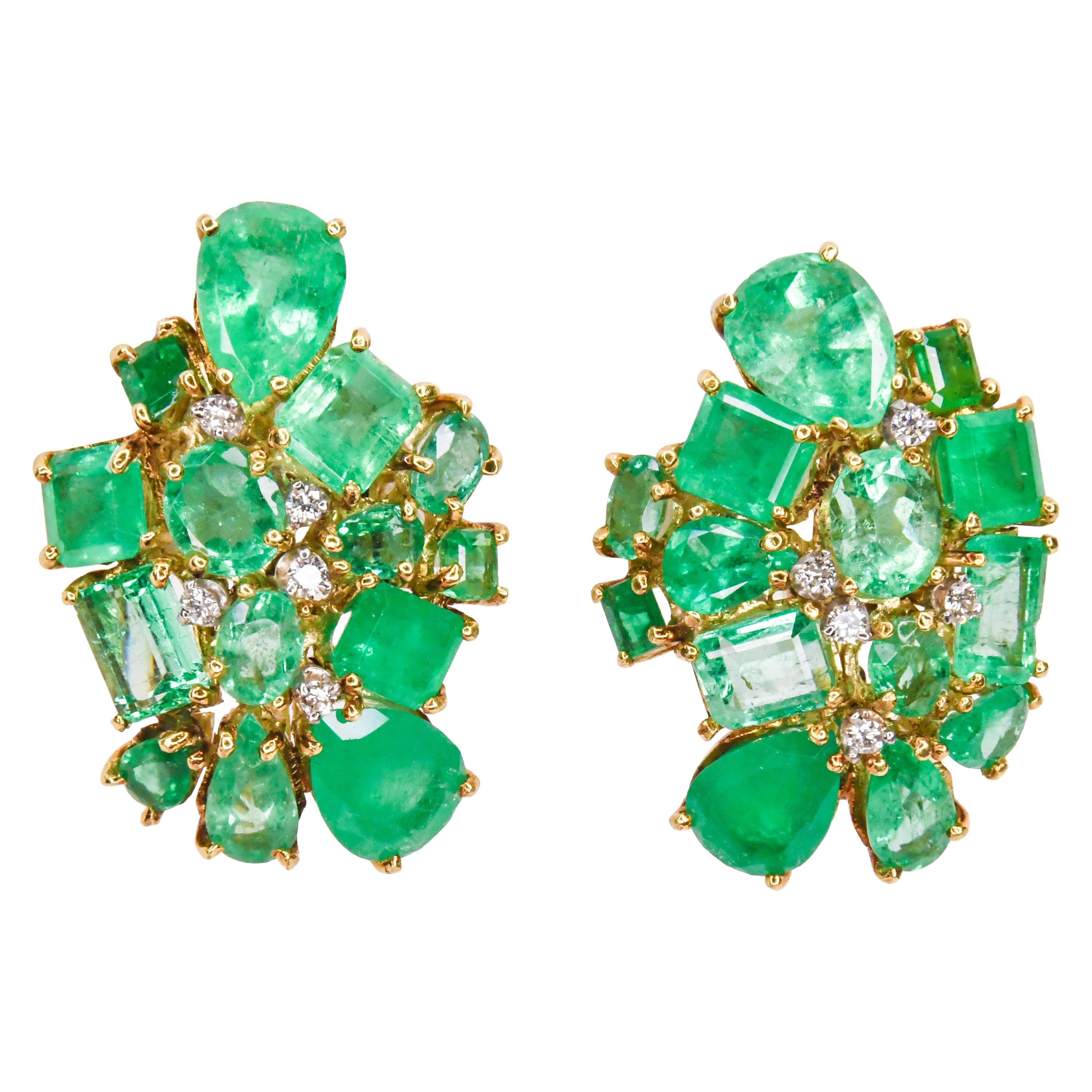 18k Yellow Gold One of a Kind Multi Shape Emeralds and Diamond Clip on Earrings
