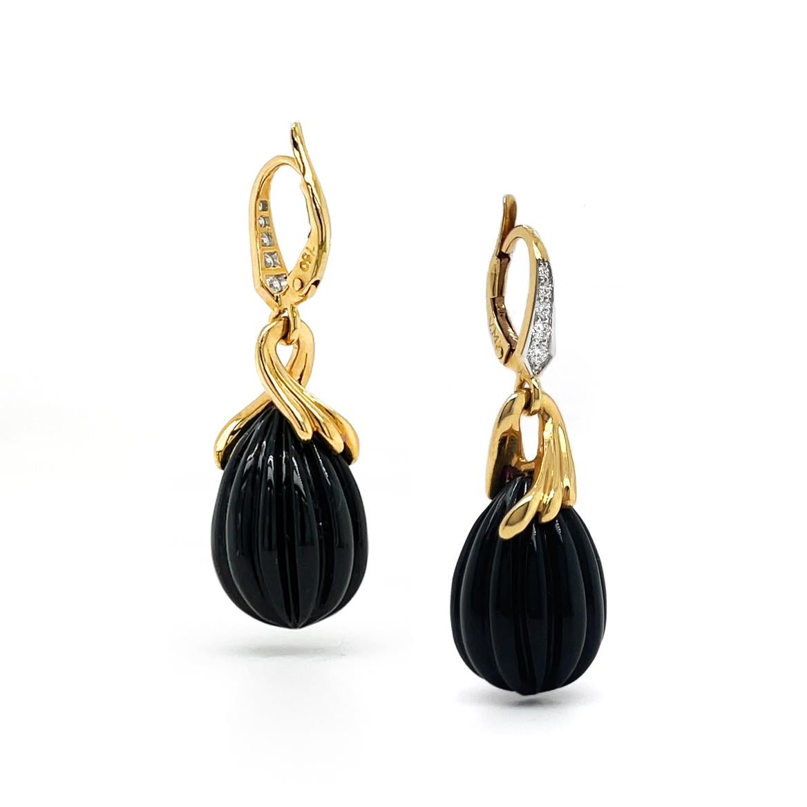 Mixed Cut 18K Yellow Gold Onyx Carved Drop Earrings with Diamond Accents For Sale