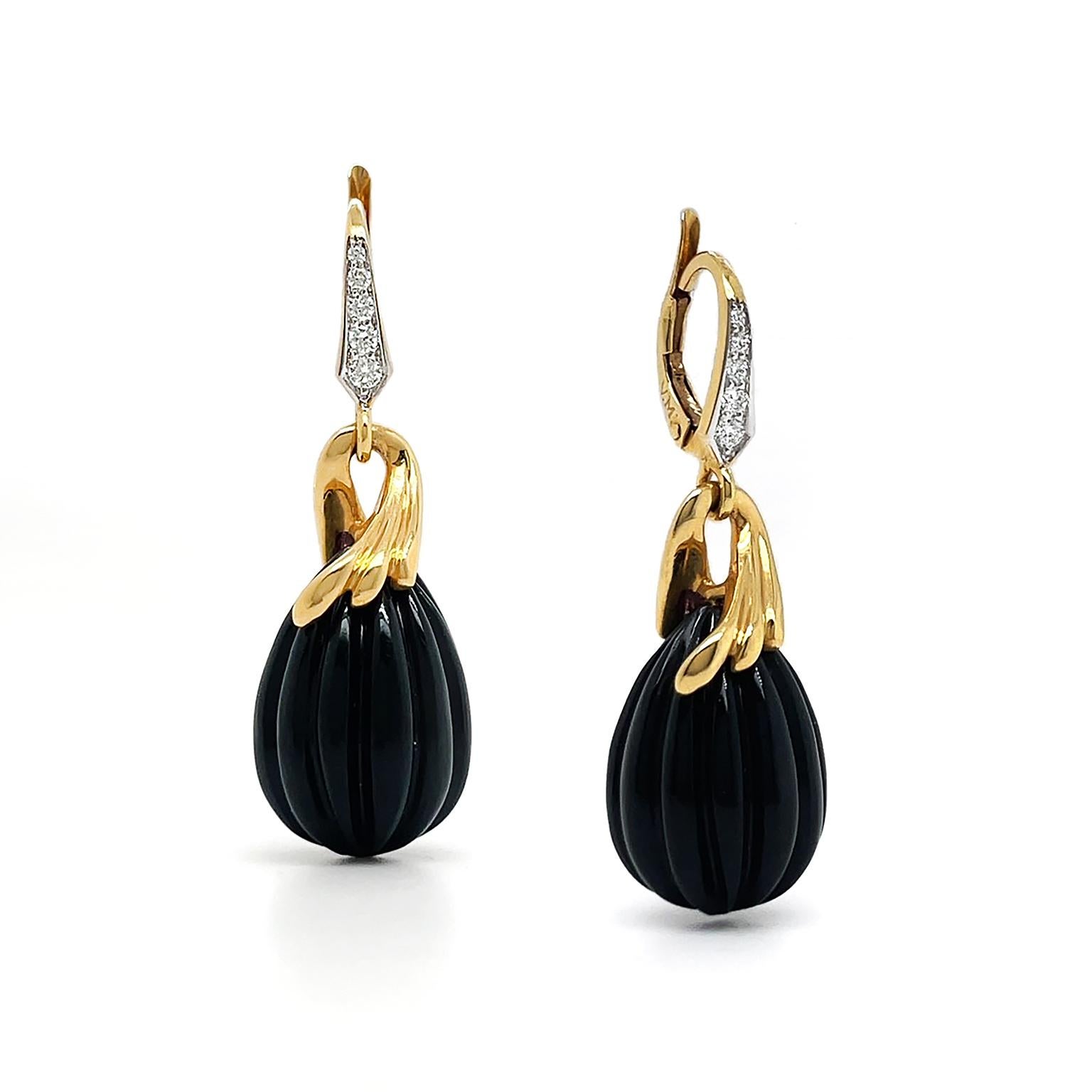 Women's or Men's 18K Yellow Gold Onyx Carved Drop Earrings with Diamond Accents For Sale