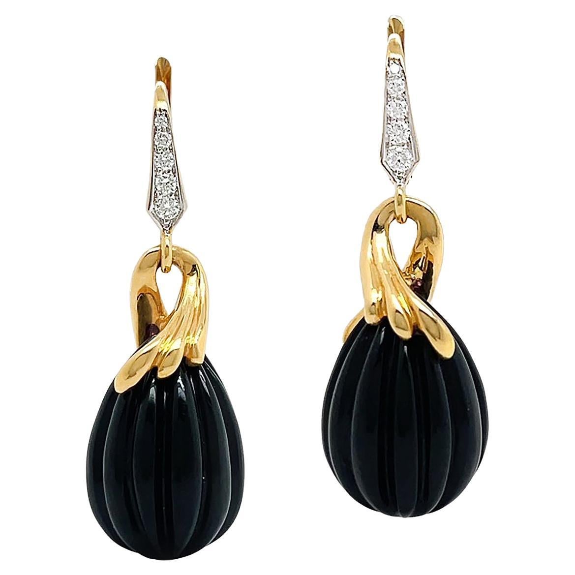 18K Yellow Gold Onyx Carved Drop Earrings with Diamond Accents For Sale