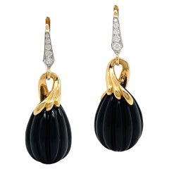 18K Yellow Gold Onyx Carved Drop Earrings with Diamond Accents
