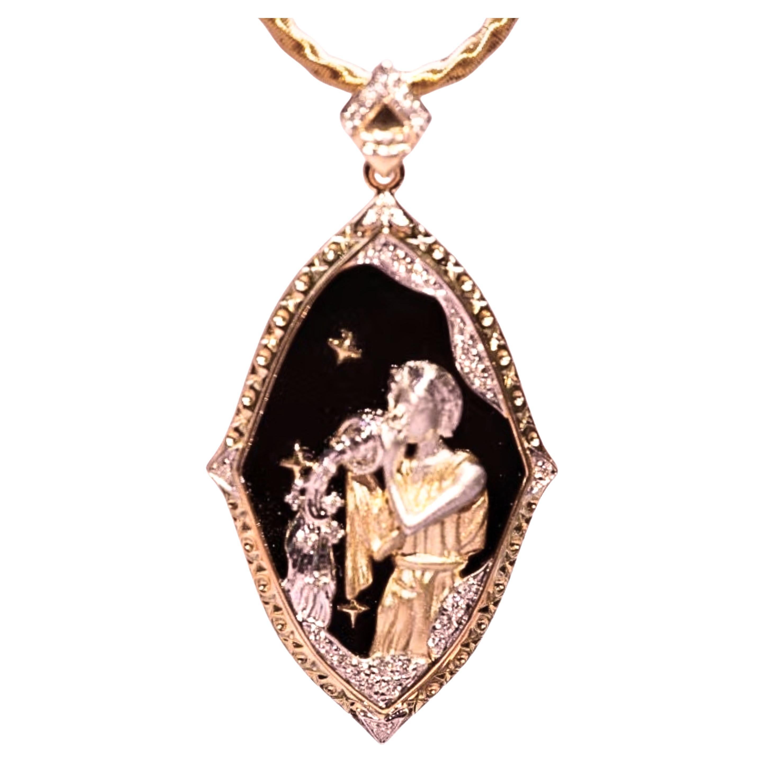 18K Yellow Gold Onyx & Diamond Aquarius Totem Pendant