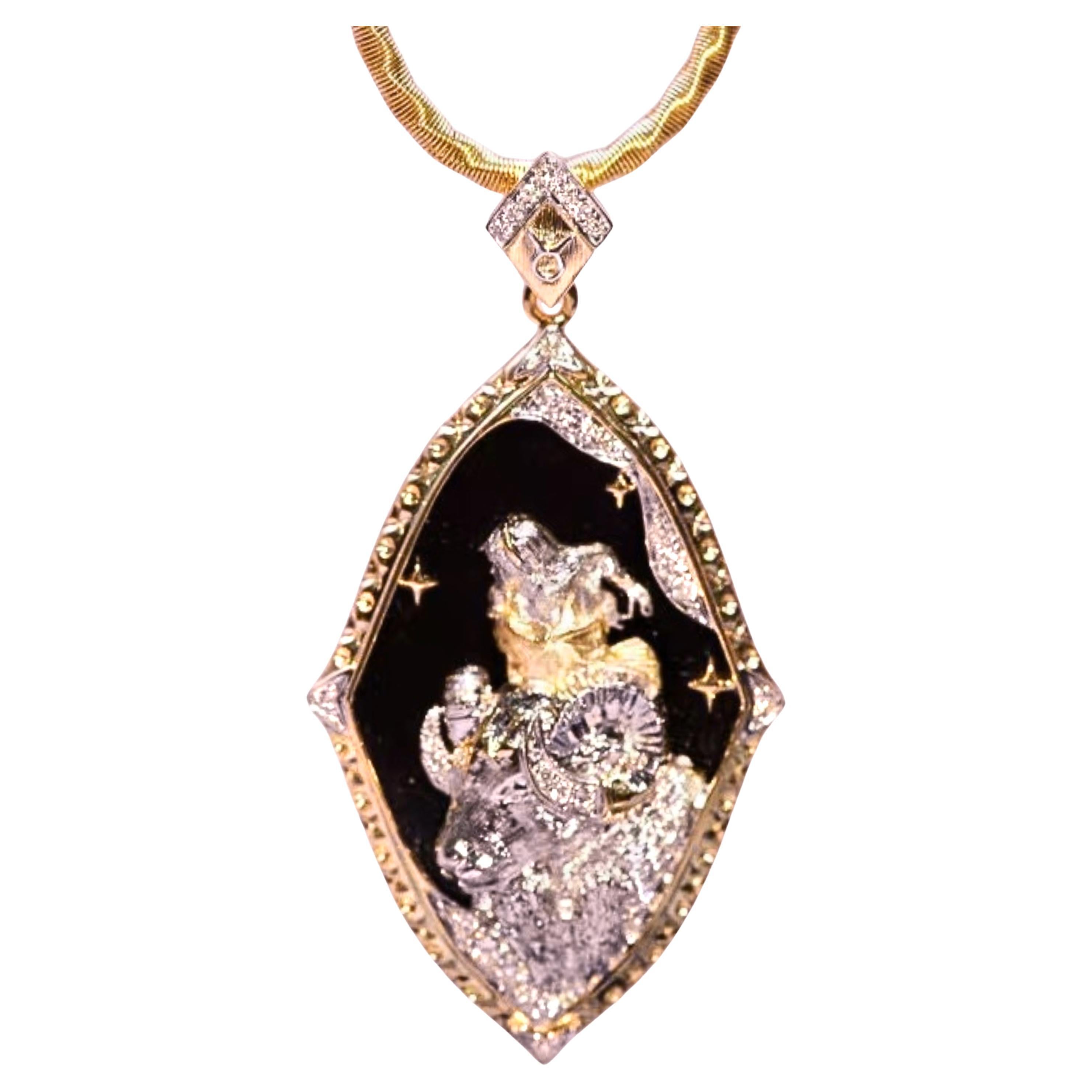 18K Yellow Gold Onyx & Diamond Aries Totem Pendant