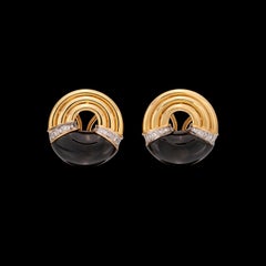 18k Yellow Gold, Onyx & Diamond Clip Earrings