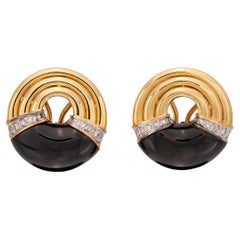 18k Yellow Gold, Onyx & Diamond Clip Earrings