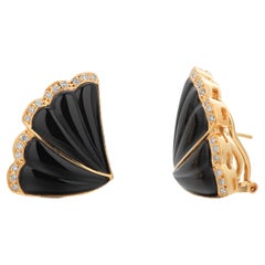 18k Yellow Gold Onyx Diamond Fan Motif Earrings