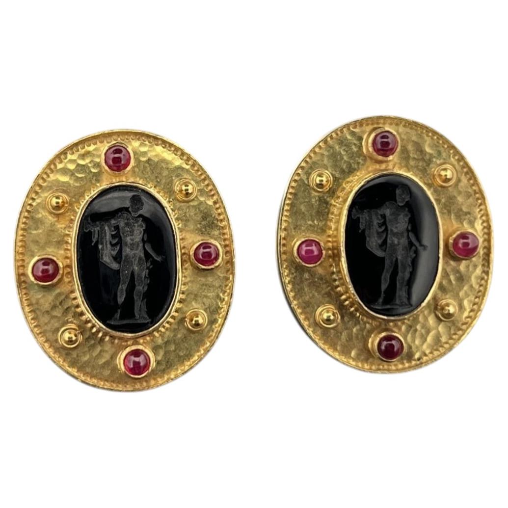 18K Yellow Gold Onyx Intaglio & Ruby Earrings 26g Handmade Omega Back Estate