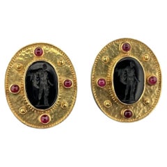 18K Yellow Gold Onyx Intaglio & Ruby Earrings 26g Handmade Omega Back Estate