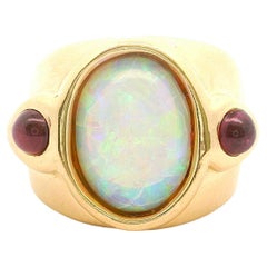 18k Yellow Gold Opal and Cabochon Ruby 20g Heavy Ring Size 8.5