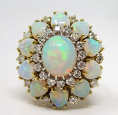 18K Yellow Gold Opal and Diamond Cluster Ring, Size 6, Vintage Design