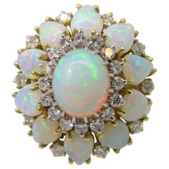 18K Yellow Gold Opal and Diamond Cluster Ring, Size 6, Vintage Design